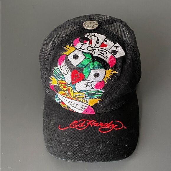Y2K Ed Hardy Black Cap Colorful Vibrant Embroidery Gamble Graphic Street Unisex